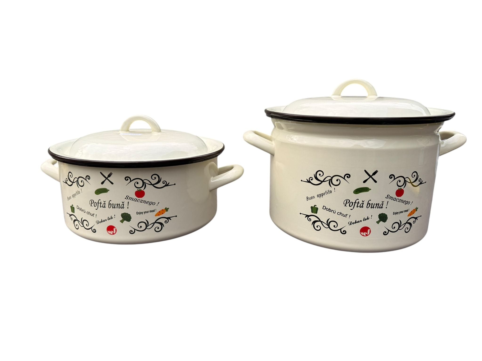 Set oala si cratita emailate cu capace 2 piese 6 L si 4 L 22 cm decor Pofta buna crem