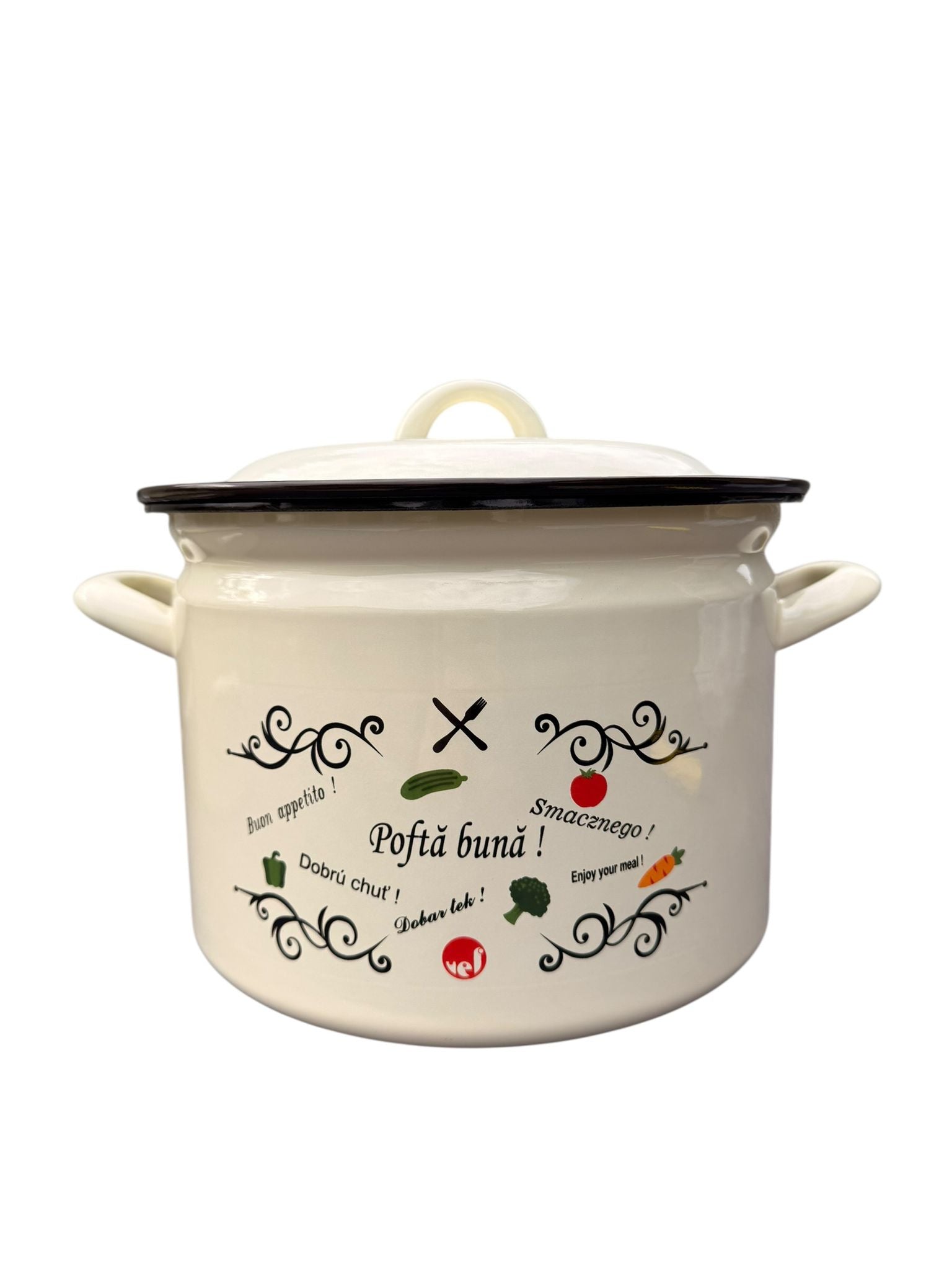 Set oala si cratita emailate cu capace 2 piese 6 L si 4 L 22 cm decor Pofta buna crem