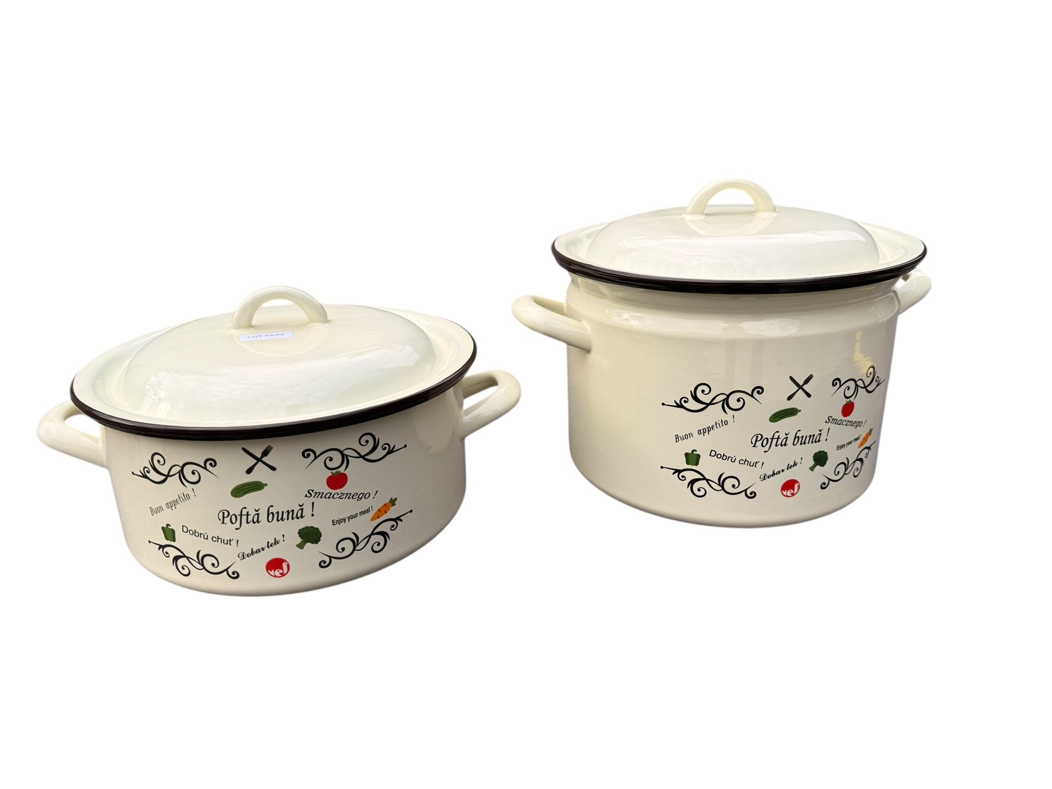 Set oala si cratita emailate cu capace 2 piese 6 L si 4 L 22 cm decor Pofta buna crem