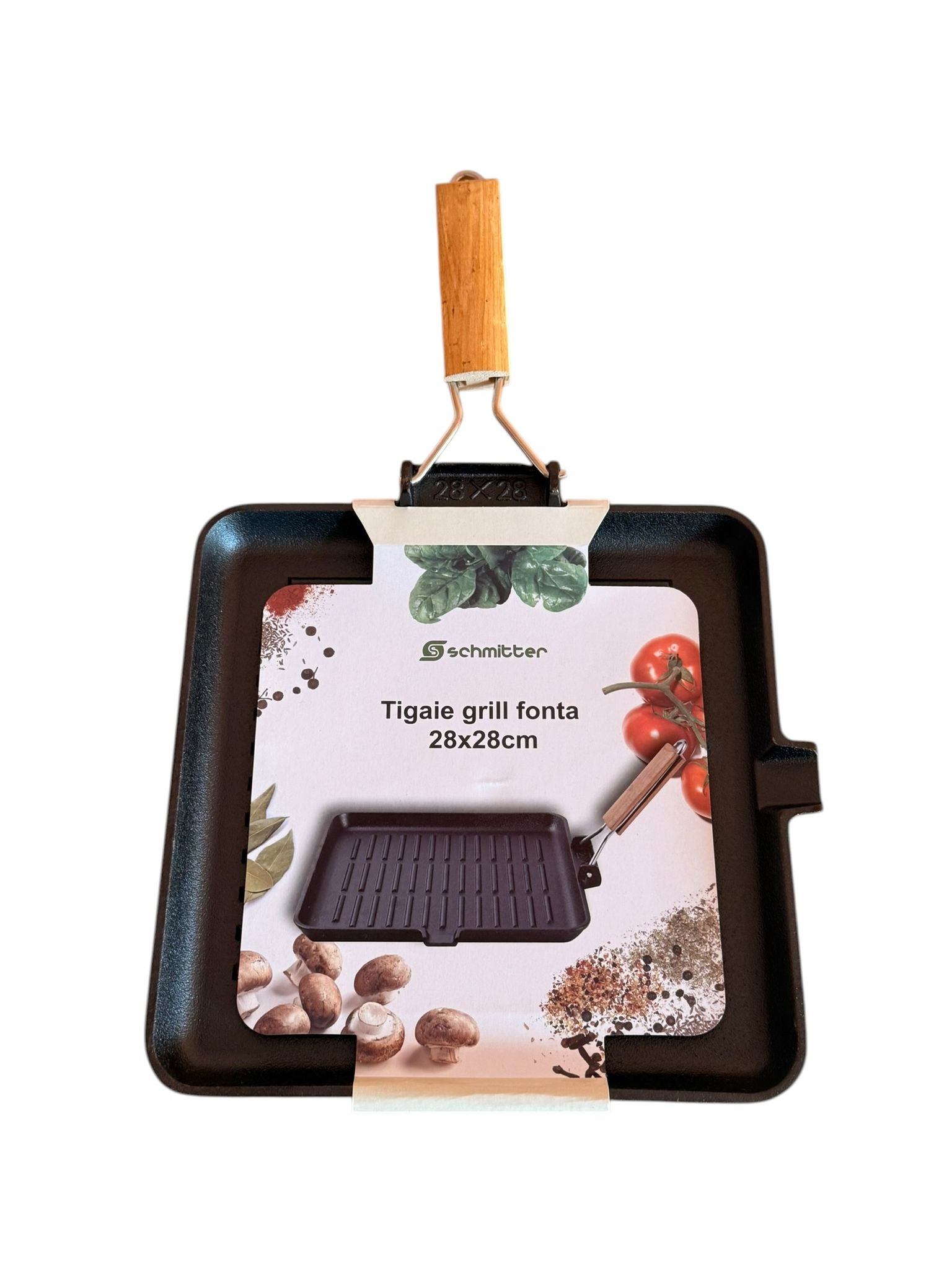 Tigaie Grill din Fonta Schmitter 28x28 cm Maner Detasabil din Lemn
