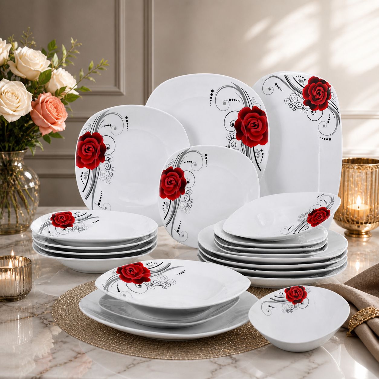 Serviciu de masa din portelan Art Craft – 18 piese – Model Trandafir Rosu