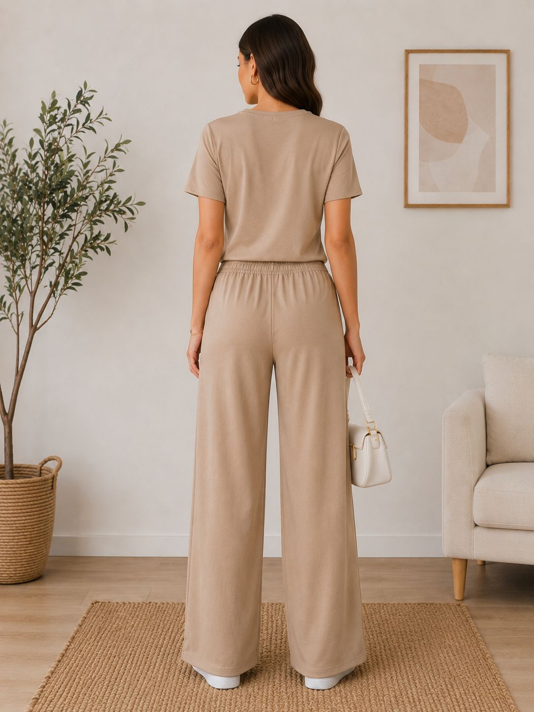 Compleu dama bej elegant marime universala Made in Italy cu pantaloni largi si esarfa decorativa