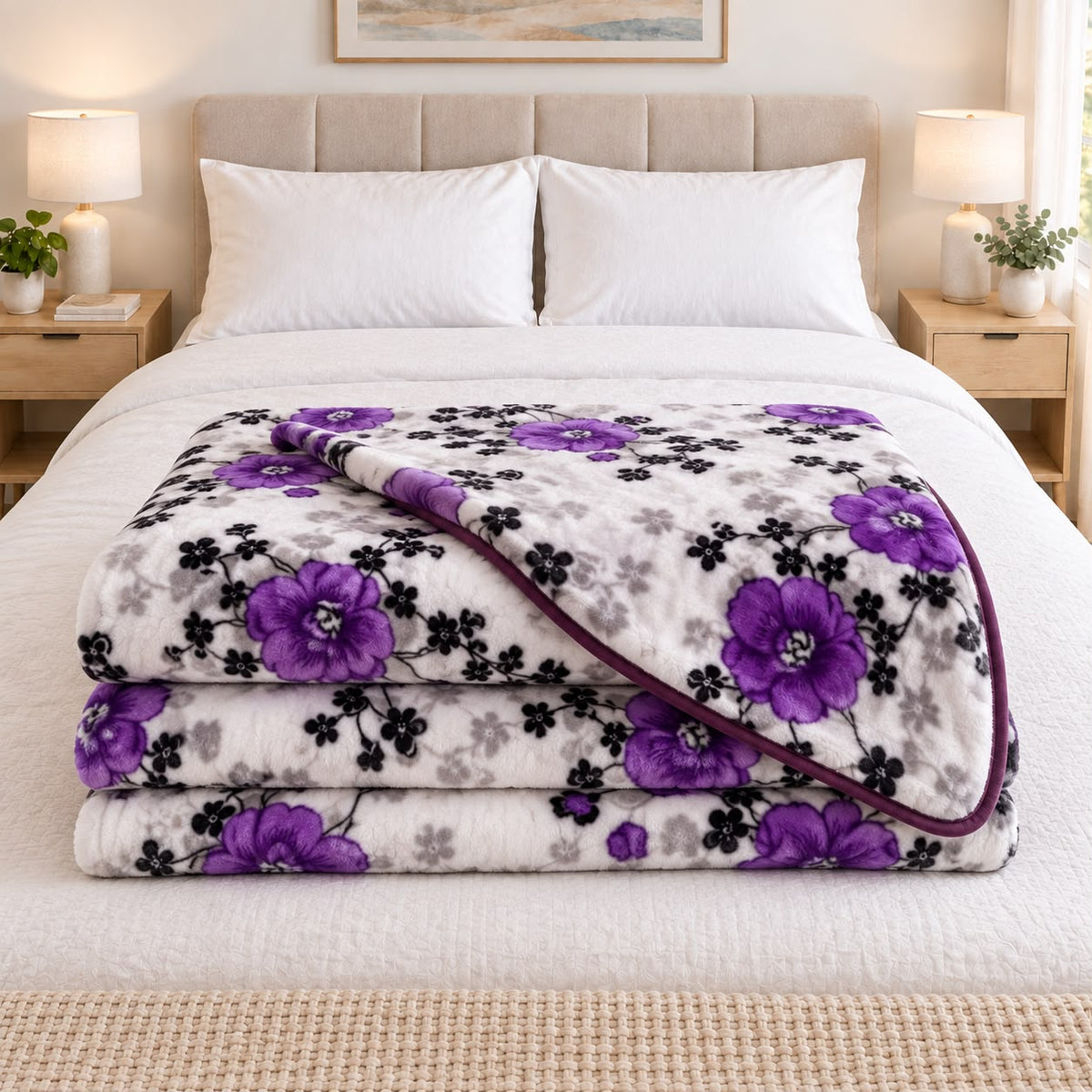Patura dubla groasa 180x230 cm, model floral alb cu mov si negru, moale si calduroasa