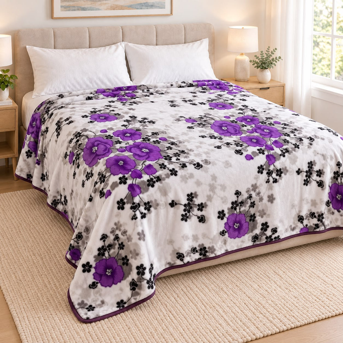 Patura dubla groasa 180x230 cm, model floral alb cu mov si negru, moale si calduroasa