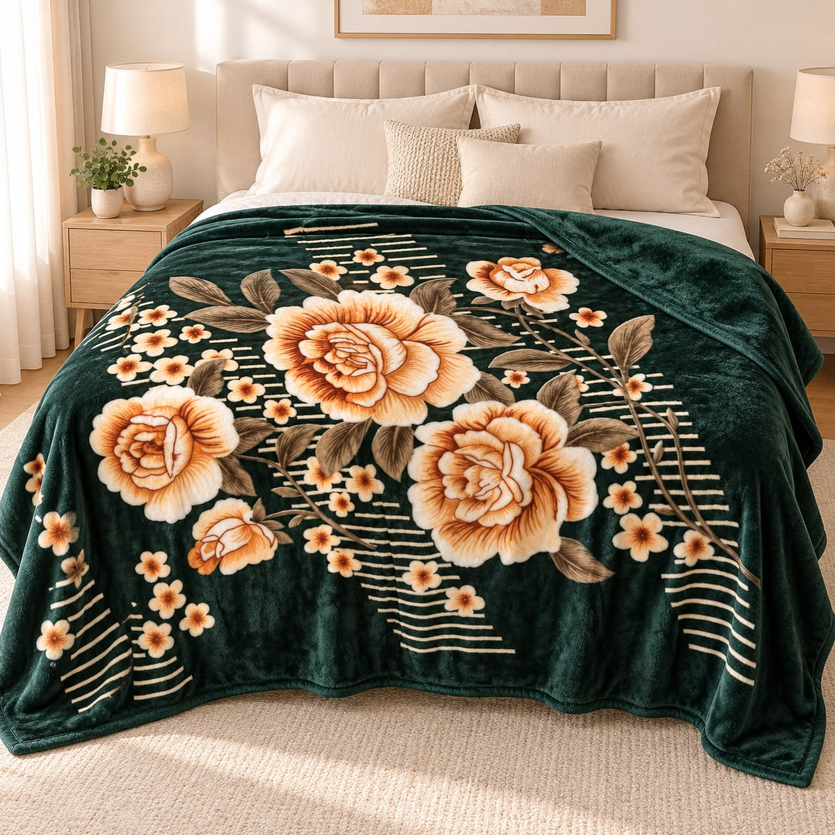 Patura groasa 180x230 cm, model floral verde cu crem, moale si calduroasa
