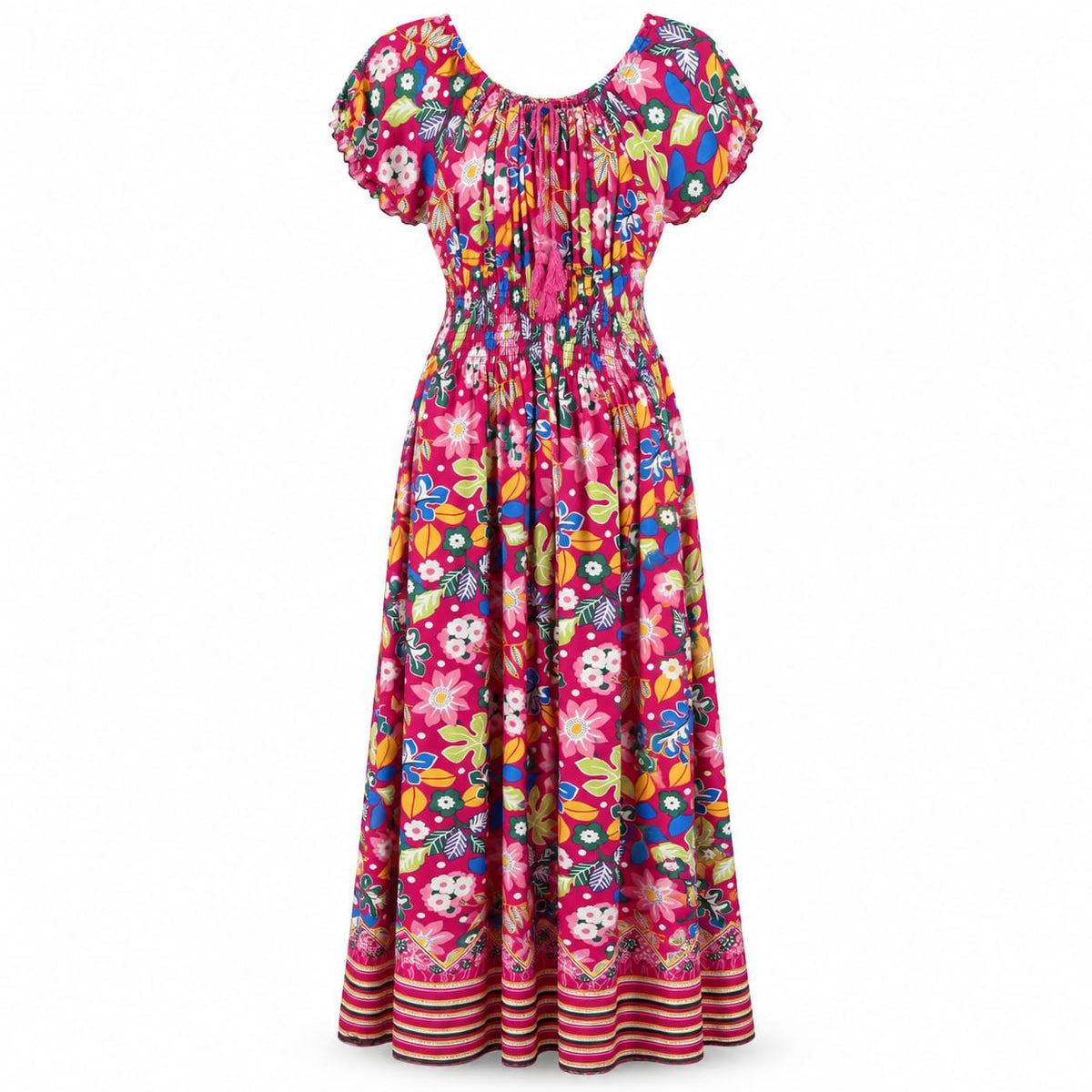 Rochie lunga fucsia cu imprimeu floral si talie elastica, XL/XXL - Lichidare stoc