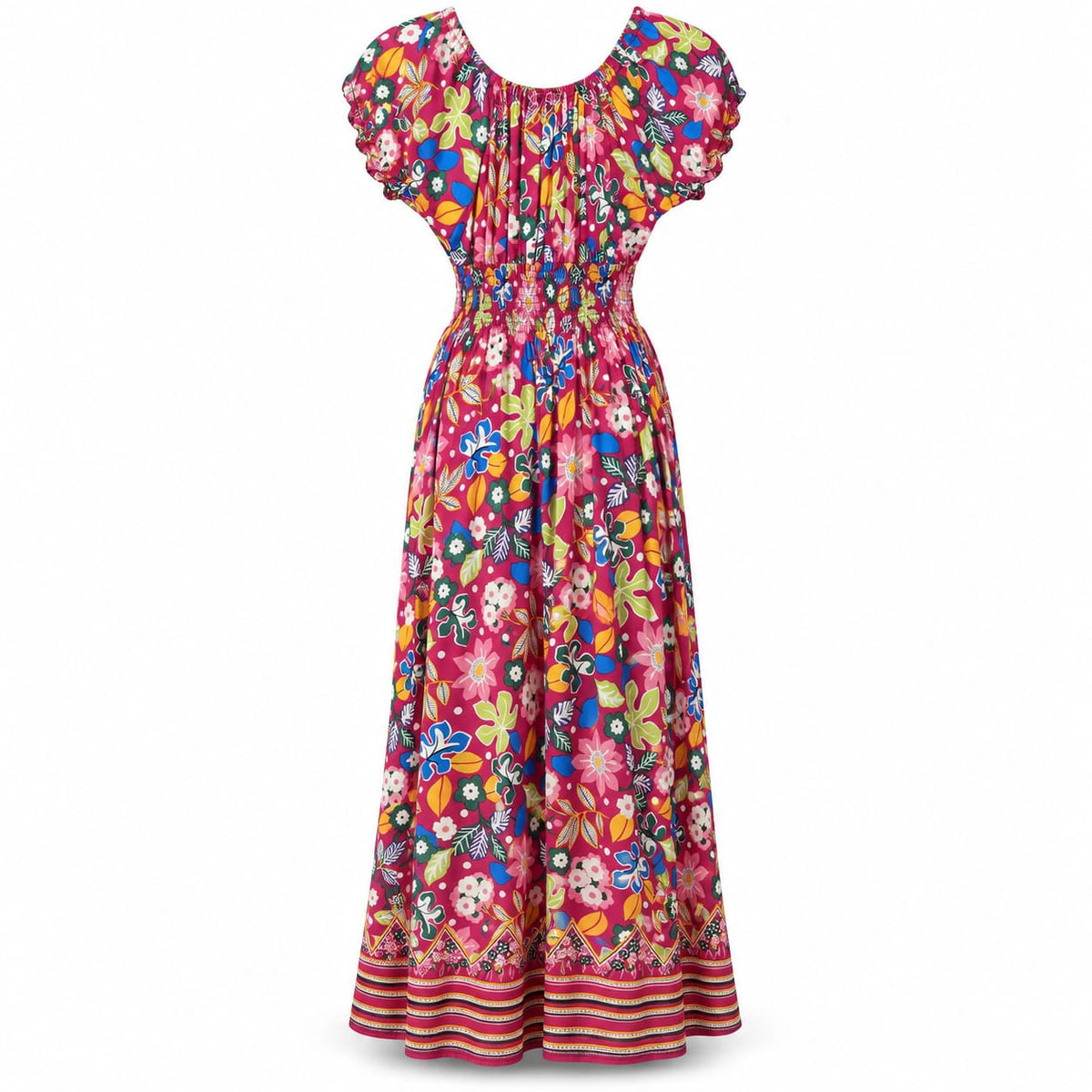 Rochie lunga fucsia cu imprimeu floral si talie elastica, XL/XXL - Lichidare stoc