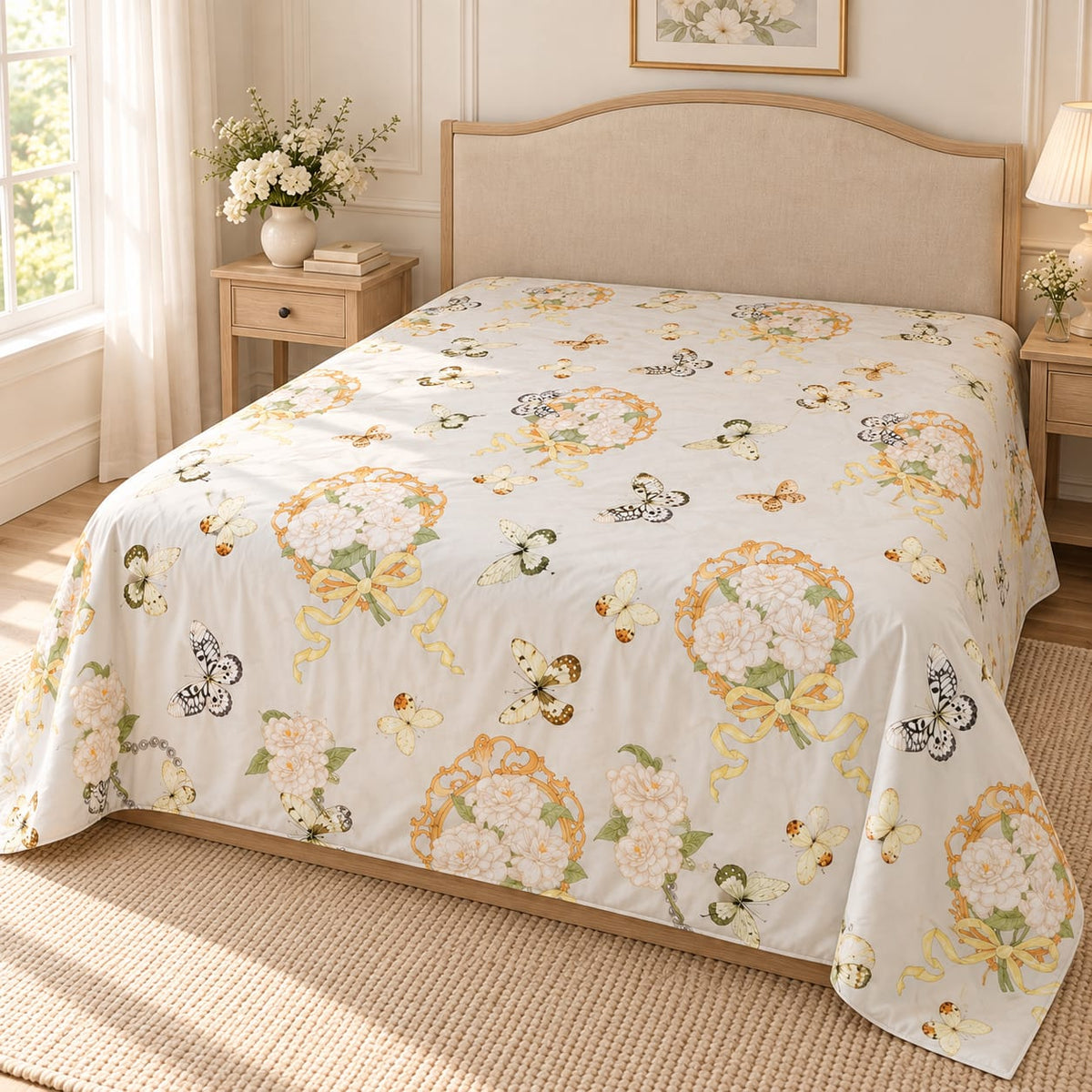 Lenjerie de pat cu pilota matlasata 4 piese 200x230 cm crem cu flori si fluturi