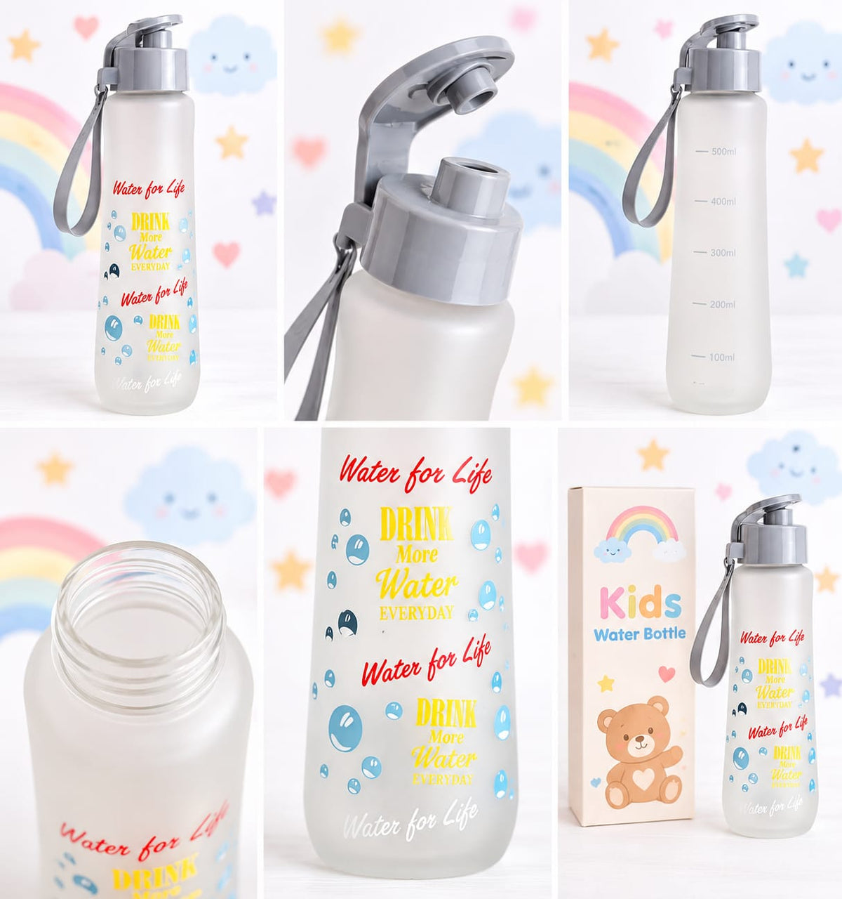 Sticla de apa pentru copii 250 ml, cu capac flip si curelusa, model colorat