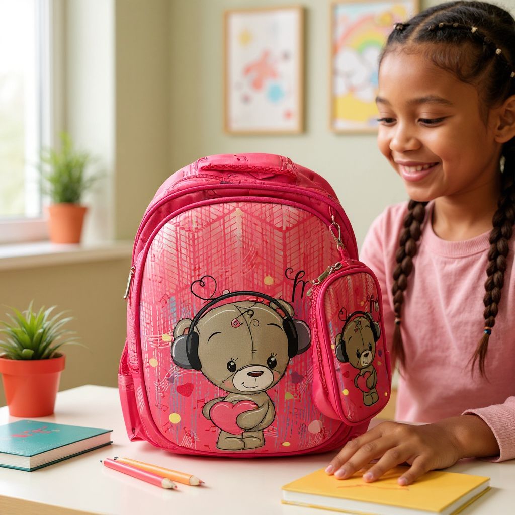 🎒 Ghiozdan Roz Copii cu Ursuleț și Inimioară – Spațios, Rezistent și Atractiv