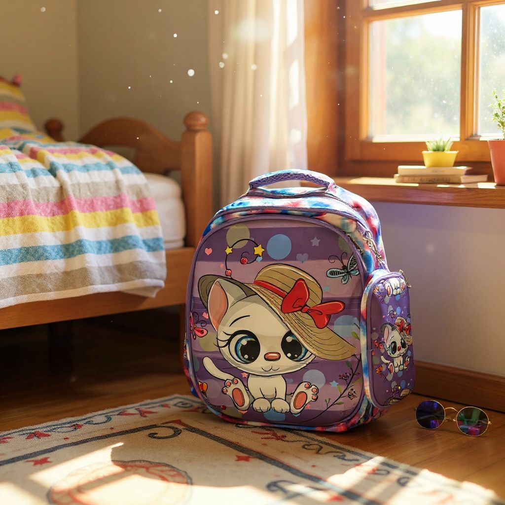 🎒 Rucsac Școlar Mov cu Pisicuță Drăgălașă – Practic, Rezistent și Atractiv pentru Fetițe