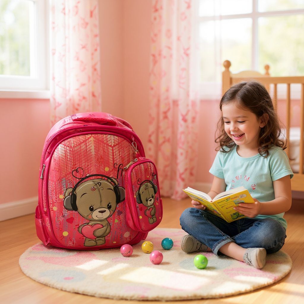 🎒 Ghiozdan Roz Copii cu Ursuleț și Inimioară – Spațios, Rezistent și Atractiv
