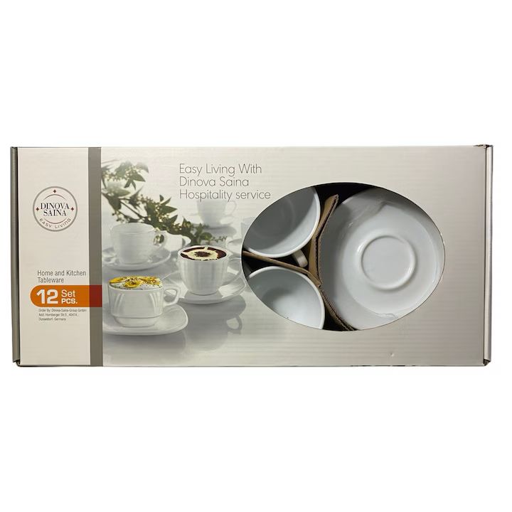 ☕ Set cafea Dinova Saina 12 piese – model alb cu linii aurii tip marmură, 150 ml – eleganță și rafinament în fiecare ceașcă!