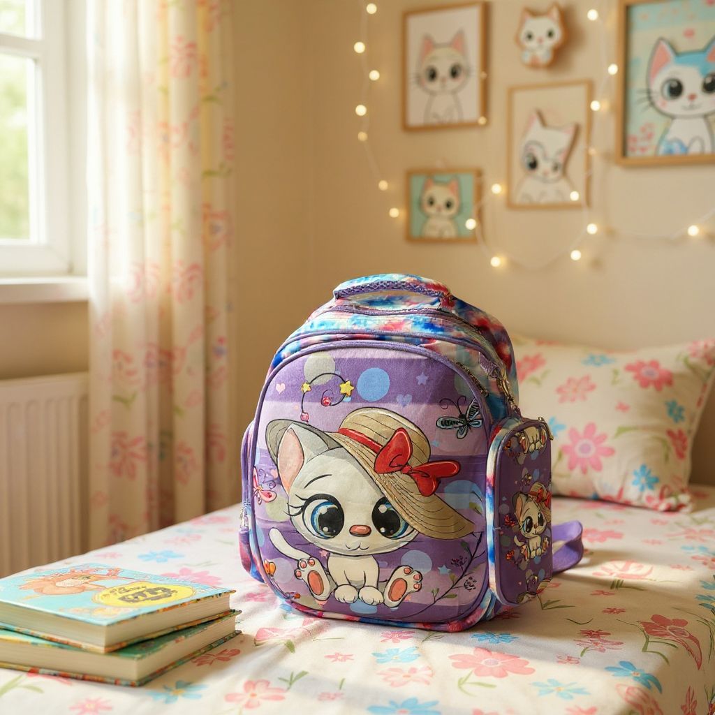 🎒 Rucsac Școlar Mov cu Pisicuță Drăgălașă – Practic, Rezistent și Atractiv pentru Fetițe