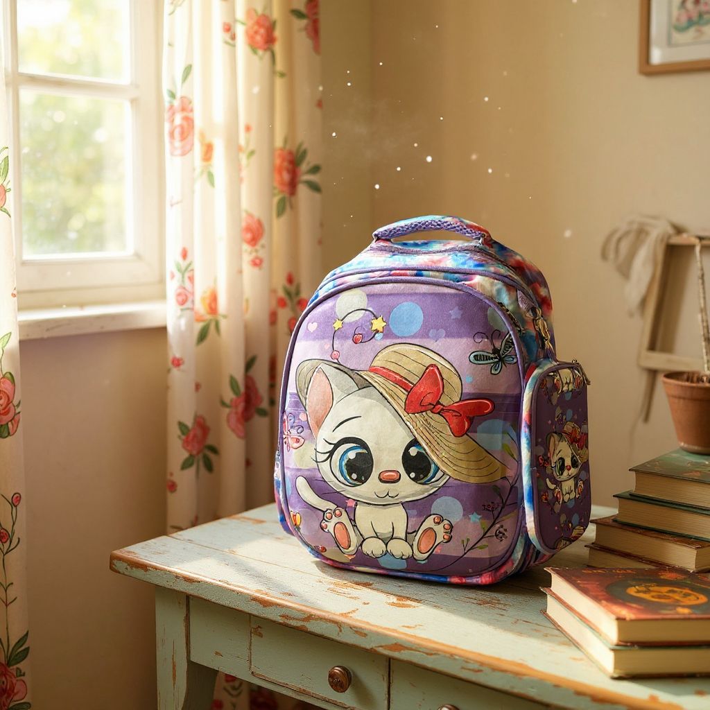 🎒 Rucsac Școlar Mov cu Pisicuță Drăgălașă – Practic, Rezistent și Atractiv pentru Fetițe