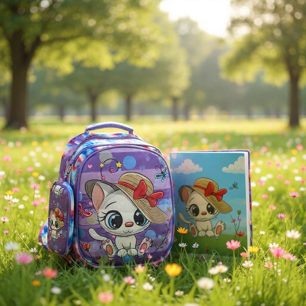 🎒 Rucsac Școlar Mov cu Pisicuță Drăgălașă – Practic, Rezistent și Atractiv pentru Fetițe