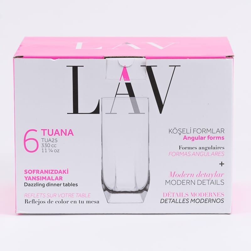 🥛 Set 6 pahare pentru apă LAV Tuana – 330 ml, sticlă transparentă, formă unică